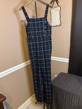 Zara Black and Navy Plaid Wide-Leg Strap Jumpsuit